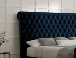 Aldwych Upholstered Sleigh Bed Only -Bedding Specialty Store aldwych velvet navy angled new hb close up 3