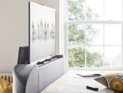 Copenhagen Upholstered Ottoman TV Bed Frame - Charcoal Velvet -Bedding Specialty Store copenhagengrey tv bed tv detail original