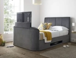 Copenhagen Upholstered Ottoman TV Bed Frame - Charcoal Velvet -Bedding Specialty Store copenhagengrey tv bed tv up original