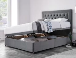 Woodstock East Upholstered Ottoman Base And Headboard Only -Bedding Specialty Store dark grey ottoman open originalnew 12