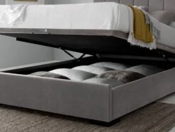 Frances Grey Velvet Upholstered Ottoman Double Bed Frame -Bedding Specialty Store francesca open original originalnewfb