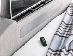 Carmel Mid Grey Upholstered Ottoman TV Bed Frame Only -Bedding Specialty Store grey tv bed speaker detail originalnew 5