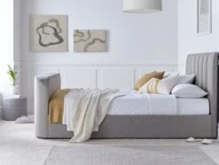 Lucille Upholstered TV Bed Mid Grey Bed Frame Only -Bedding Specialty Store laurel tv bed grey side website 1