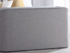 Lucille Upholstered TV Bed Mid Grey Bed Frame Only -Bedding Specialty Store laurel tv bed mid grey fb close up website 1