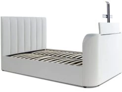 Lucille Upholstered TV Bed Natural Velvet Bed Frame Only -Bedding Specialty Store laurel tv bed natural tv up white back ground website 1