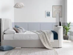 Lucille Upholstered TV Bed Natural Velvet Bed Frame Only -Bedding Specialty Store laurel tv bed shell side tv up website 1