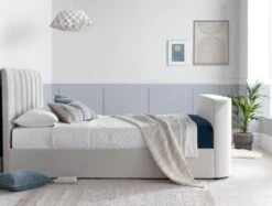 Lucille Upholstered TV Bed Natural Velvet Bed Frame Only -Bedding Specialty Store laurel tv bed shell side website 1