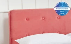 LPD Pierre Velvet Bed Frame, King Size, Coral 12 LPD Pierre Velvet Bed Frame, King Size, Coral -Bedding Specialty Store lpd pierre coral close up headboard top5