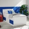 Maxistore 3 Door White/Blue Wooden Storage Single Bed Frame -Bedding Specialty Store maxistore blue side website new
