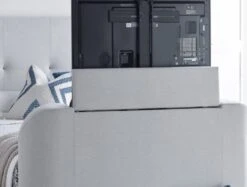 Olivia Upholstered TV Bed Shell Bed Frame Only -Bedding Specialty Store olivia tv bed shell front tv close up website 1