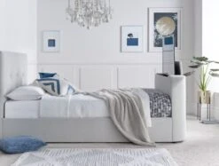 Olivia Upholstered TV Bed Shell Bed Frame Only -Bedding Specialty Store olivia tv bed shell side tv up website 1