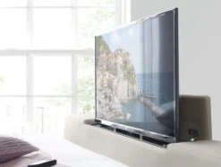 Onelife Natural Velvet Upholstered TV Ottoman Bed Frame -Bedding Specialty Store onelife tv bed white tv close up website new 1