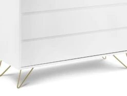 Sofia 4 Drawer White Chest With Brass Steel Feet -Bedding Specialty Store sofia chest white gold feet close up new