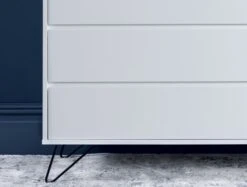 Sofia 4 Drawer White Chest With Black Feet -Bedding Specialty Store sofia chest white with black feet front fb close up new