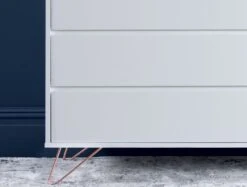 Sofia 4 Drawer White Chest With Pink Copper Feet -Bedding Specialty Store sofia chest white with pink copper feet front fb close up new