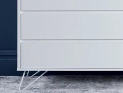 Sofia 4 Drawer White Chest With White Feet -Bedding Specialty Store sofia chest white with white feet front fb close up new