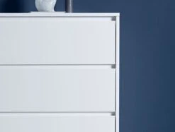 Sofia 4 Drawer White Chest With Black Feet -Bedding Specialty Store sofia chest white with white feet front hb close up new